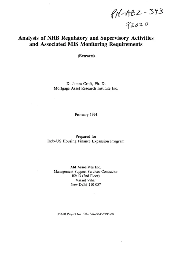 Analysis of NHB [National Housing Bank] regulatory and supervisory activities and associated MIS [management information systems] monitoring requirements (extracts)