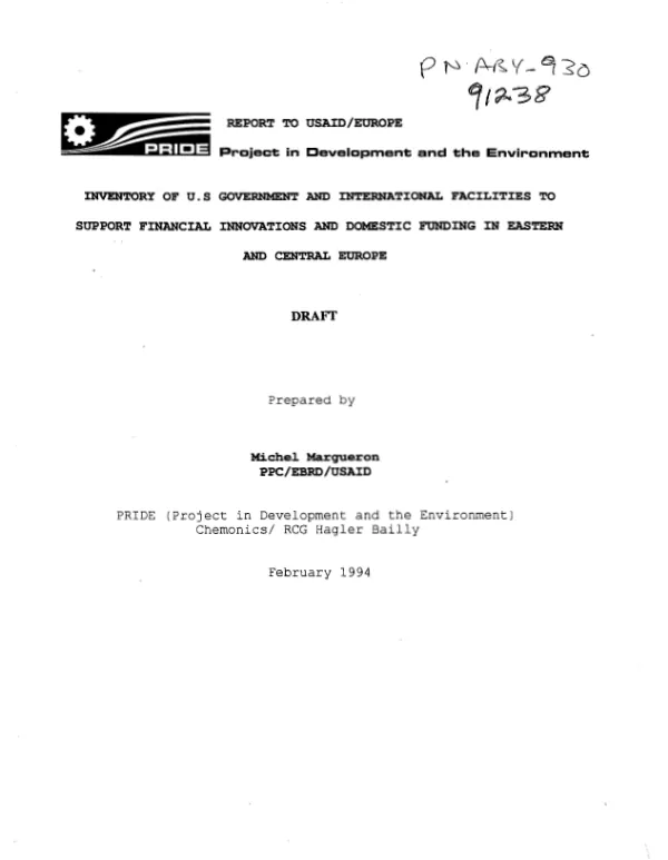 Report to USAID Europe : inventory of US Government and international facilities to support financial innovations and domestic funding in Eastern and Central Europe
