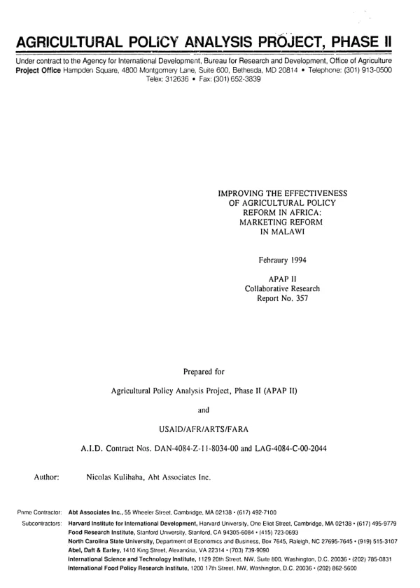 Improving the effectiveness of agricultural policy reform in Africa : marketing reform in Malawi