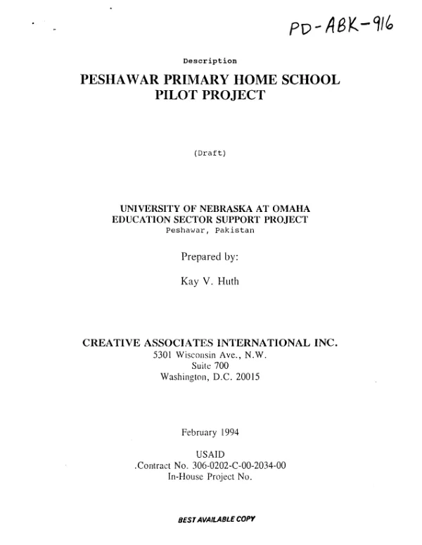 Peshawar primary home school pilot project : description