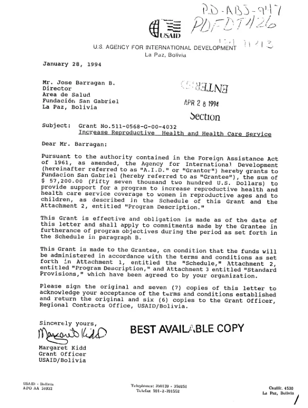 AID grant no. 511-0568-G-00-4032-00 to Fundacion San Gabriel to provide support for a program to increase reproductive health and health care service coverage to women reproductive age and to children in the III Sanitary District of La Paz
