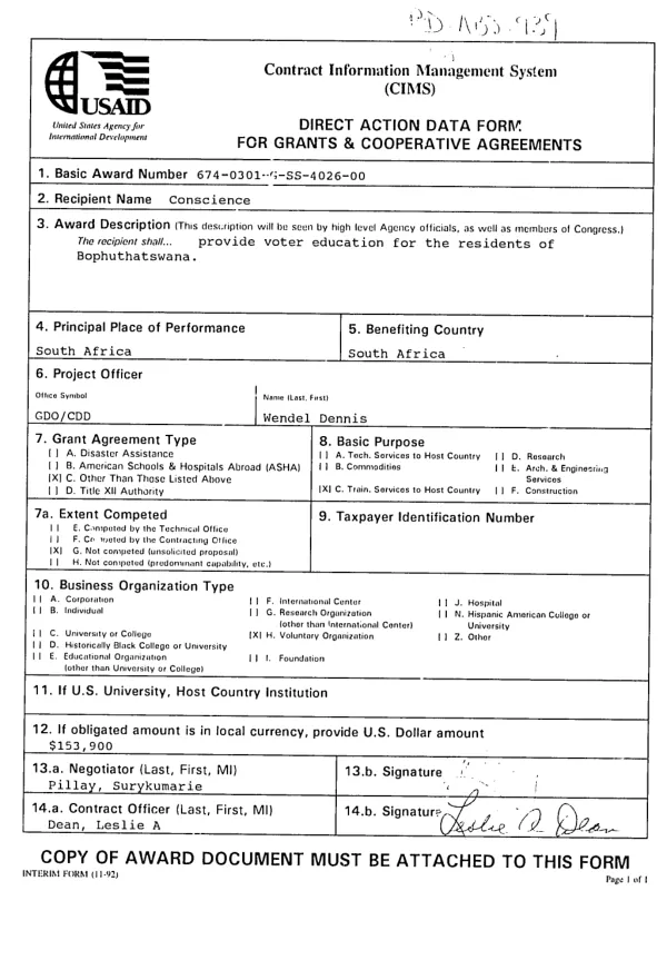 AID grant agreement no. 674-0301-G-SS-4026-00 to Conscience to carry out voter education activities in Bophuthatswana
