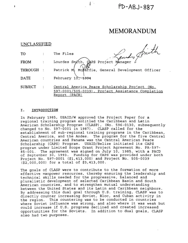 Central America peace scholarship project (no. 597-0001/505-0039) : project assistance completion report (PACR)