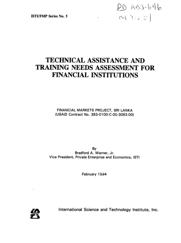 Technical assistance and training needs assessment for financial institutions
