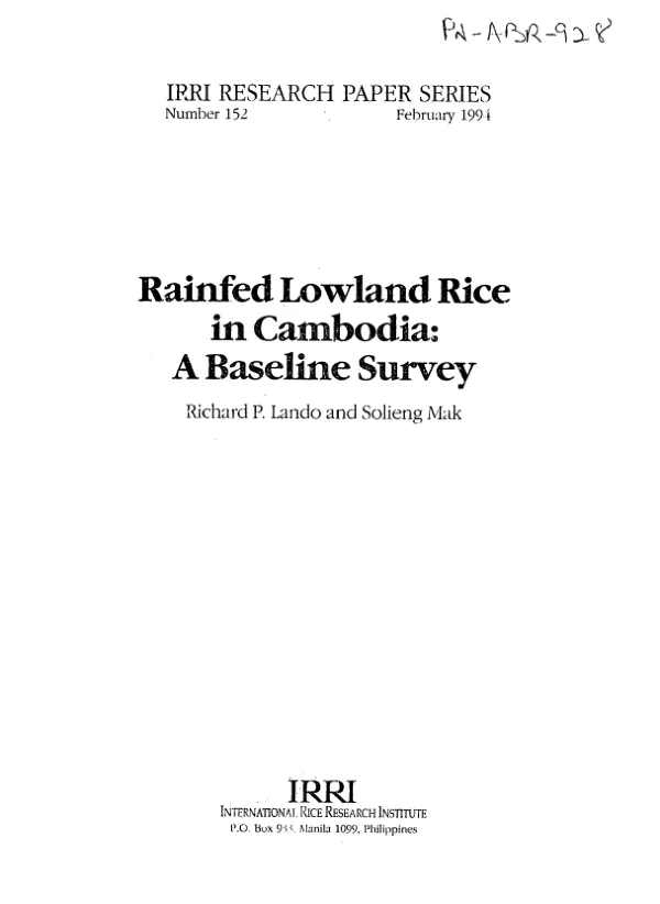 Rainfed lowland rice in Cambodia : a baseline survey