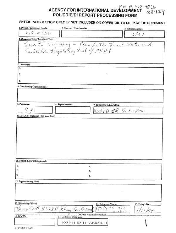 Resume ejecutivo : plan para la Unidad Reguladora de Agua y Saneamiento Rural Dentro de ANDA [Administracion Nacional de Aceductos y Alcantarillados]