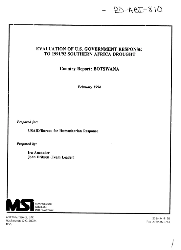 Evaluation of US Government response to 1991/92 Southern Africa drought -- country report : Botswana