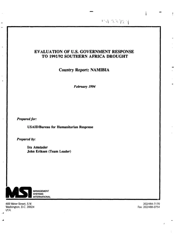 Evaluation of US Government response to 1991/92 Southern Africa drought -- country report : Namibia