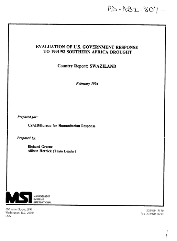 Evaluation of US Government response to 1991/92 Southern Africa drought -- country report : Swaziland