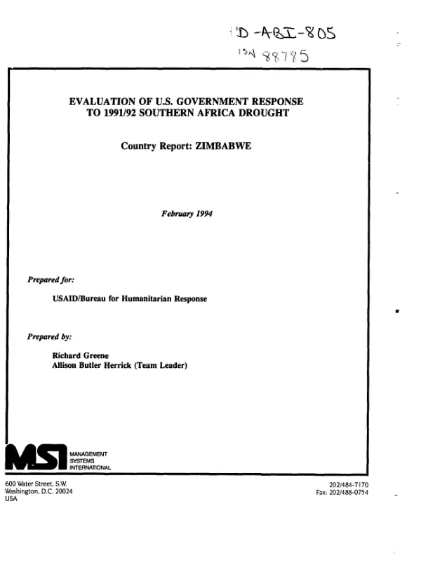 Evaluation of US Government response to 1991/92 Southern Africa drought -- country report : Zimbabwe