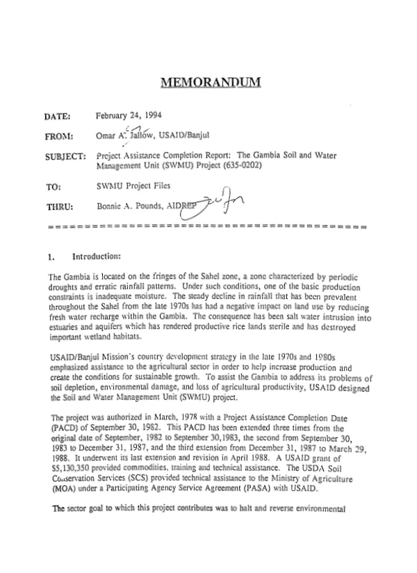 Project assistance completion report : The Gambia soil and water management unit (SWMU) project (635-0202)