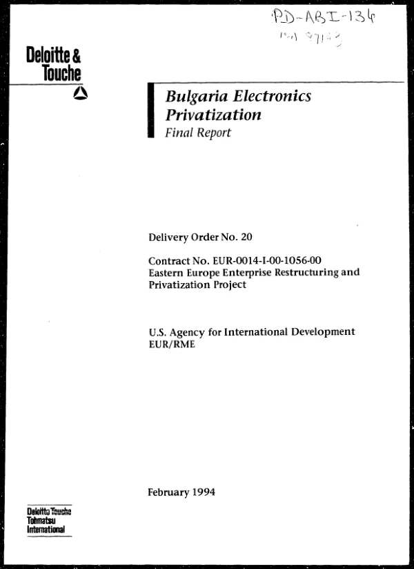 Bulgaria electronics privatization -- contract no. EUR-0014-I-00-1056-00 : final report