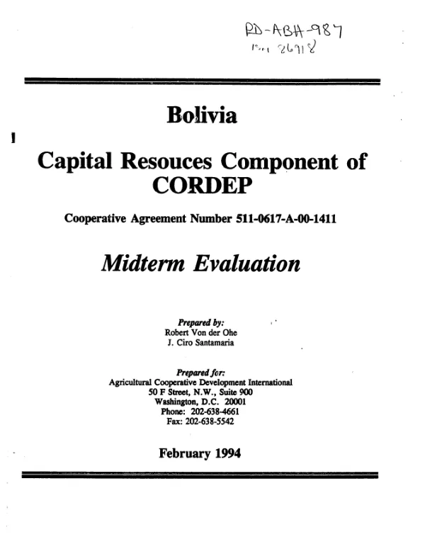 Bolivia -- capital resources component of CORDEP, cooperative agreement number 511-0617-A-00-1411 : midterm evaluation