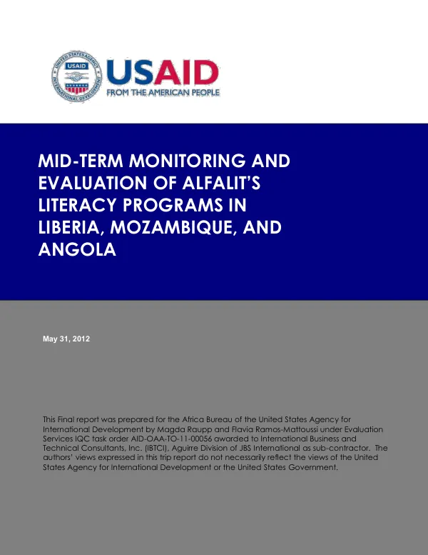 Mid-term monitoring and evaluation of Alfalit's literacy programs in Liberia, Mozambique, and Angola