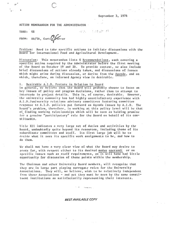 Action memorandum for the Administrator [concerning the need to take specific actions to initiate discussions with the Board for International Food and Agricultural Development]