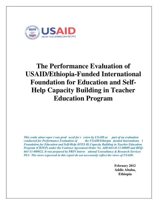 The performance evaluation of USAID/Ethiopia-funded International Foundation for Education and Self-Help capacity building in teacher education program