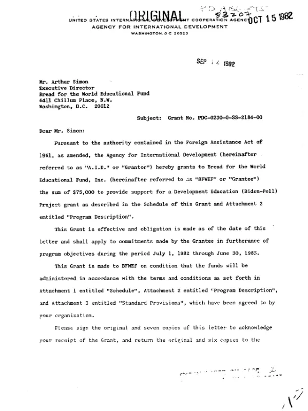 AID grant no. PDC-0230-G-SS-2184-00 to Bread for the World Educational Fund, Inc. to provide support for a development education (Biden-Pell) project grant