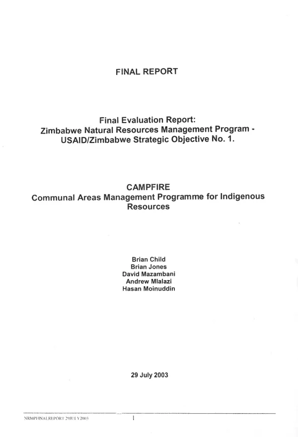 Final evaluation report : Zimbabwe natural resources management program -- USAID/Zimbabwe strategic objective no. 1
