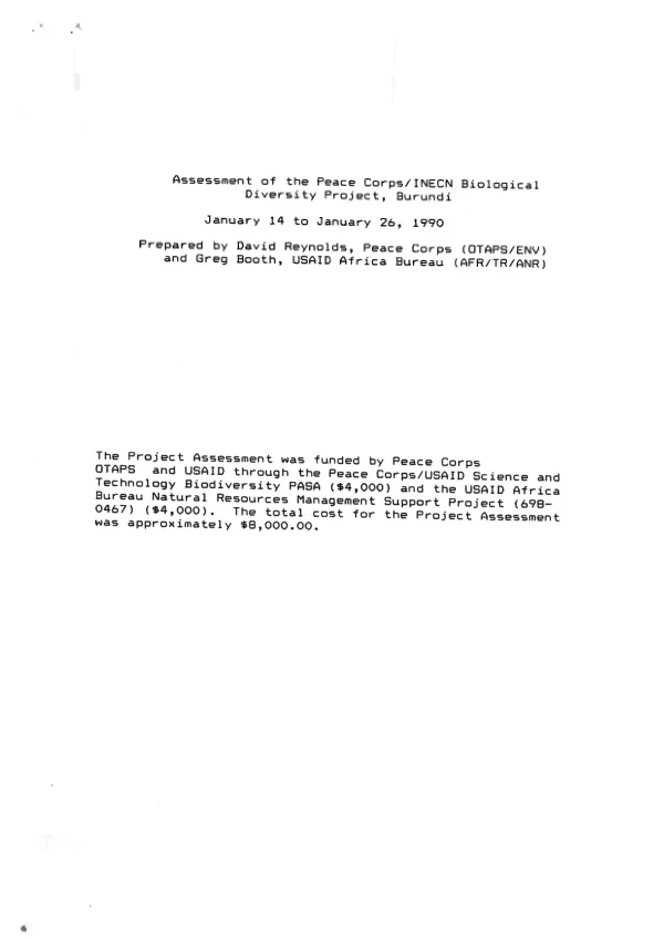 Assessment of the Peace Corps/INECN biological diversity project, Burundi, January 14 to january 26, 1990