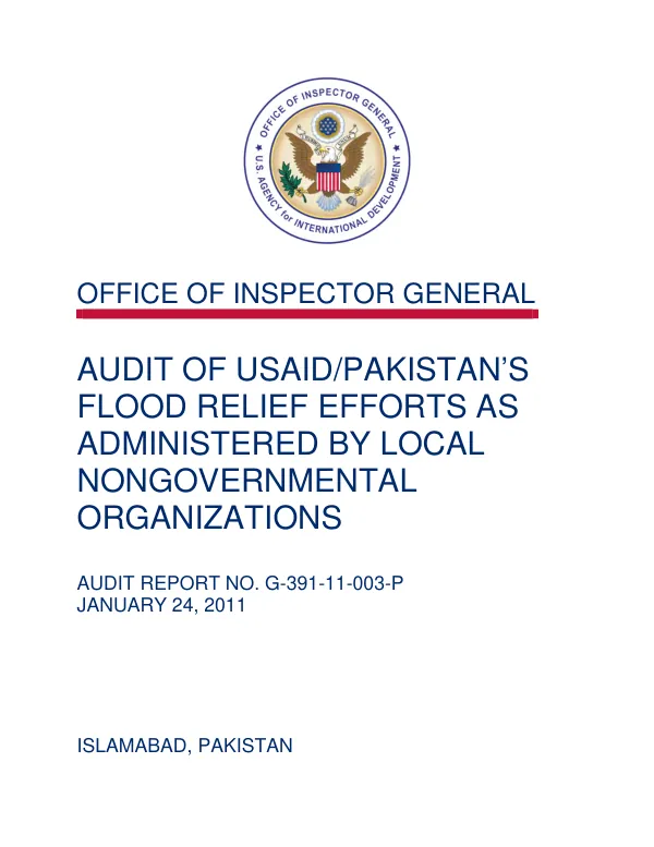 Audit of USAID/Pakistan"s flood relief efforts as administered by local nongovernmental organizations