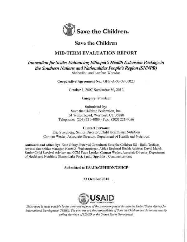 Mid-term evaluation report : innovation for scale : enhancing Ethiopia's health extension package in the Southern Nations and Nationalities People's Region (SNNPR), Shebedino and Lanfero Woredas