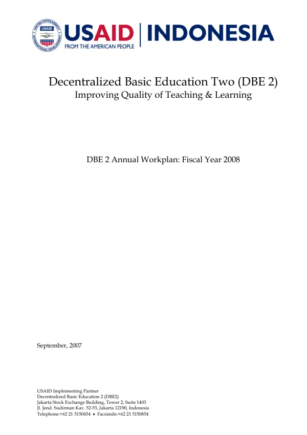Decentralized basic education two (DBE 2) : improving quality of teaching & learning -- DBE 2 annual workplan, fiscal year 2008