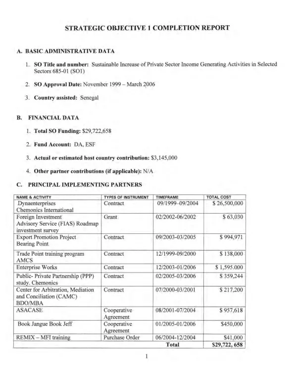 Strategic objective 1 completion report : sustainable increase of private sector income generating activities in selected sectors 685-001 (SOl), November 1999-March 2006