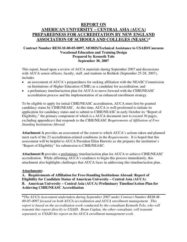 Report on American University-Central Asia (AUCA) preparedness for accreditation by New England Association of Schools and Colleges (NEASC)
