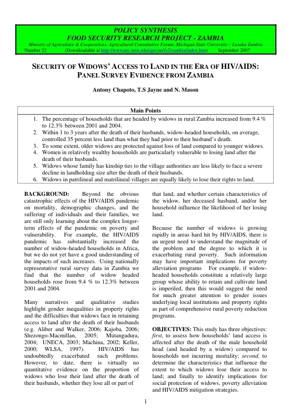 Security of widows" access to land in the era of HIV/AIDS : panel survey evidence from Zambia
