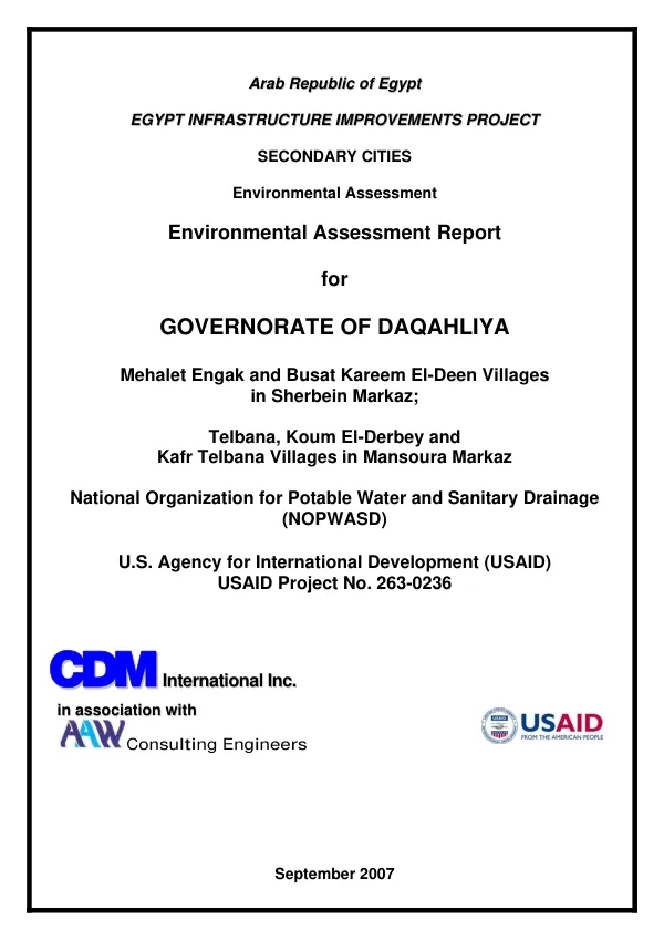 Environmental assessment report for Governorate of Daqahliya : Mehalet Engak and Busat Kareem El-Deen Villages in Sherbein Markaz; Telbana Koum El-Derbey and Kafr Telbana Villages in Mansoura Markaz