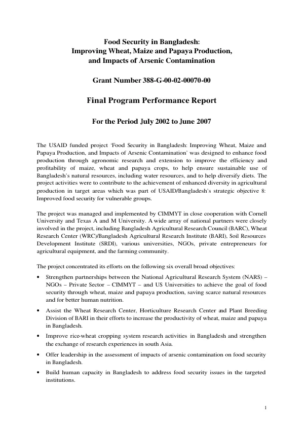 Food security in Bangladesh : improving wheat, maize and papaya production, and impacts of arsenic contamination -- USAID grant number 388-G-00-02-00070-00 : final program performance report for the period July 2002 to June 2007