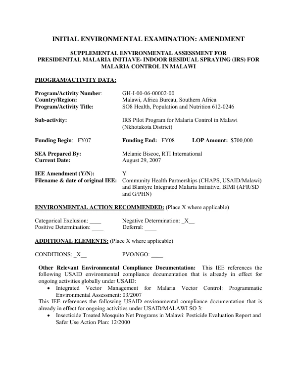 Supplemental environmental assessment for indoor residual spraying (IRS) for malaria control in Malawi