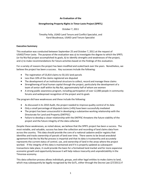 An evaluation of the strengthening property rights in Timor-Leste project (SPRTL)