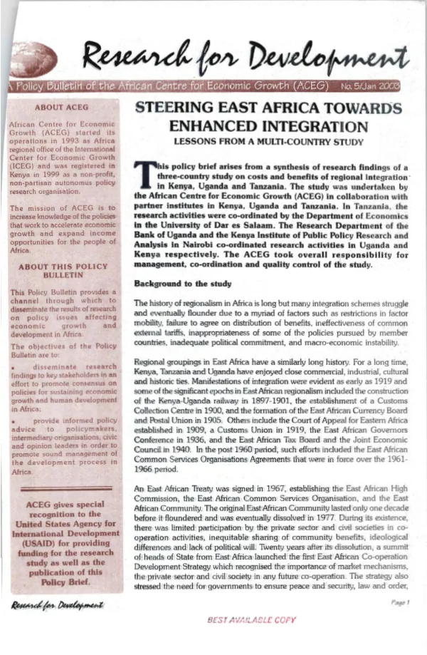 Steering East Africa towards enhanced integration : lessons from a multi-country study