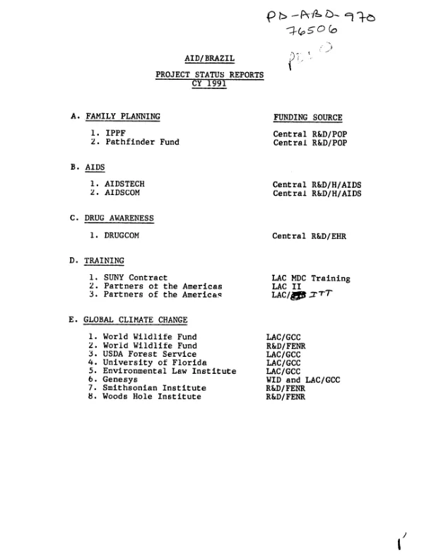 AID/Brazil project status reports, CY 1991