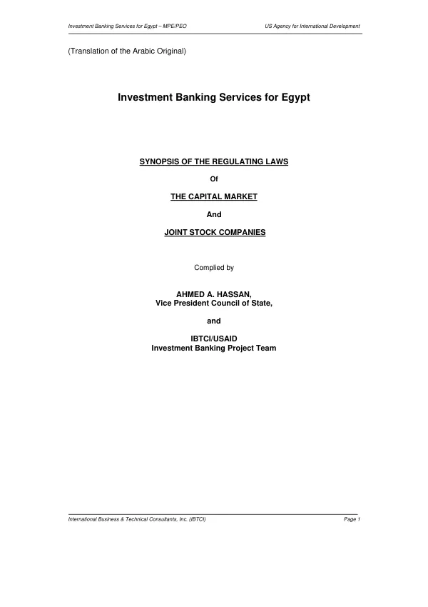 Investment banking services for Egypt : synopsis of the regulating laws of the capital market and joint stock companies