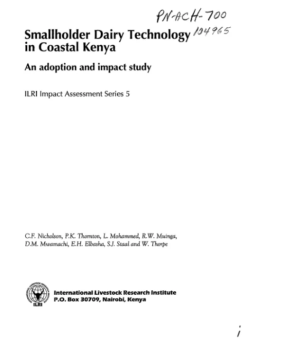 Smallholder dairy technology in coastal Kenya : an adoption and impact study