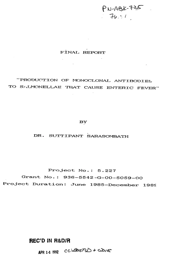 Final report : production of monoclonal antibodies to salmonellae that cause enteric fever
