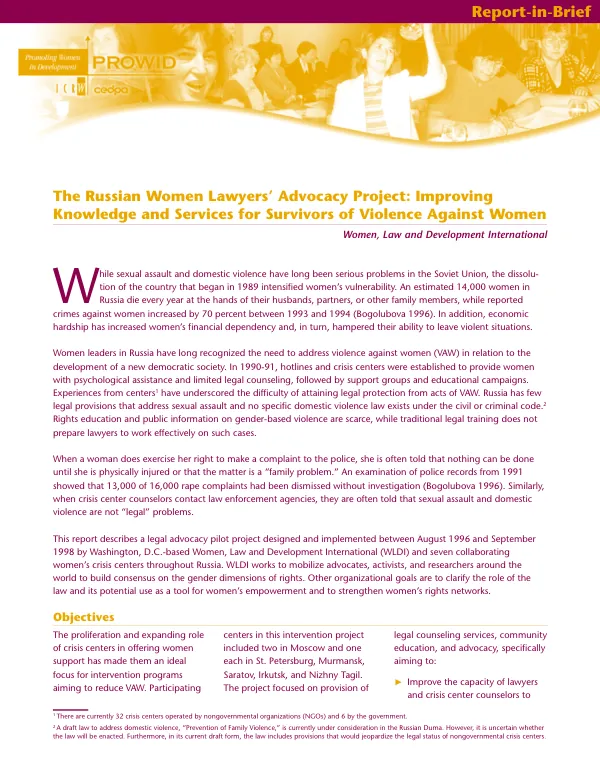 Russian women lawyers" advocacy project : improving knowledge and services for survivors of violence against women
