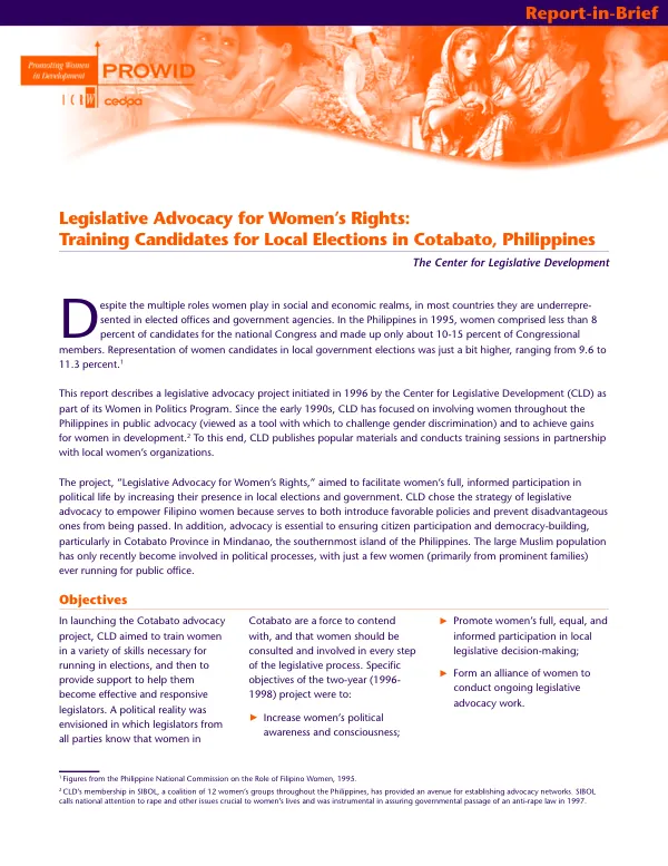 Legislative advocacy for women"s rights : training candidates for local elections in Cotabato, Philippines