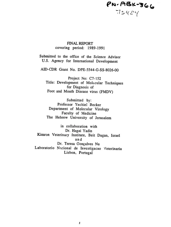 Development of molecular techniques for diagnosis of foot and mouth disease virus (FMDV)
