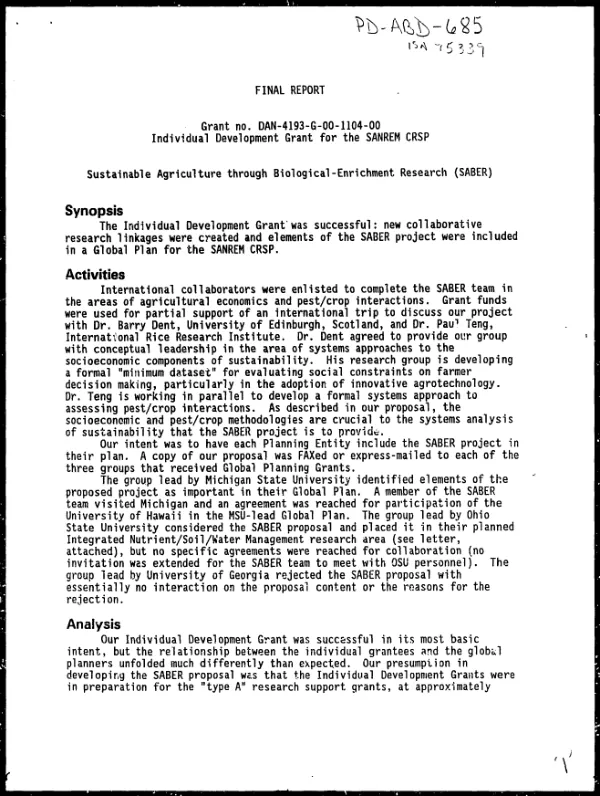 Final report -- grant no. DAN-4193-G-00-1104-00, individual development grant for the SANREM CRSP : sustainable agriculture through biological - enrichment research (SABER)