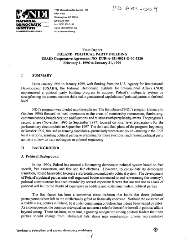 Final report -- Poland : political party building -- USAID cooperative agreement no. EUR-A-181-0021-G-00-5220 : February 1, 1996 to January 31, 1999