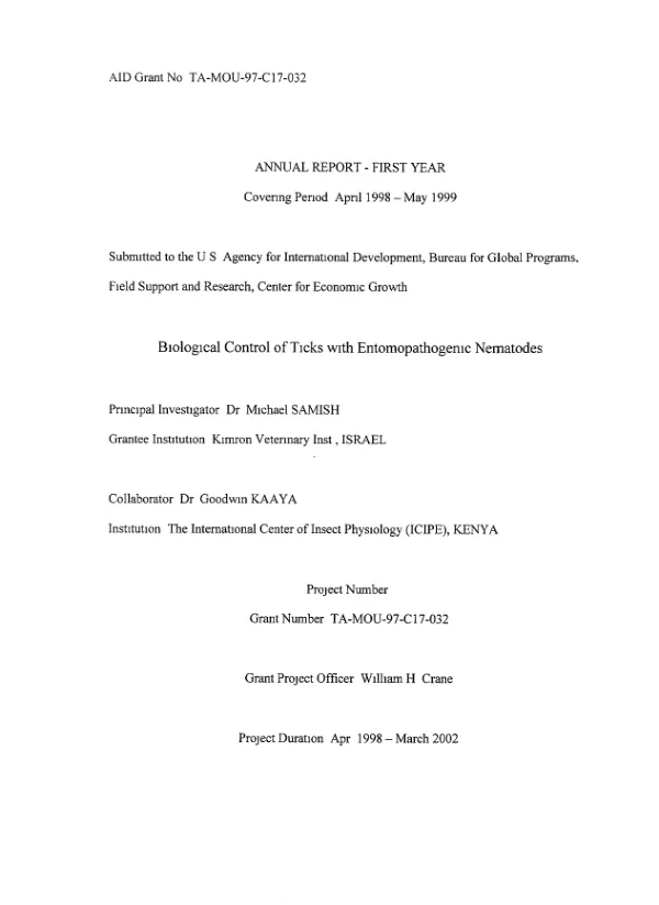 Annual report, first year covering period April 1998-May 1999 : biological control of ticks with entomopathogenic nematodes