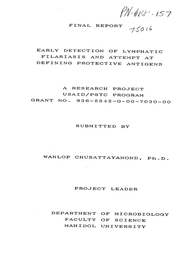 Early detection of lymphatic filariasis and attempt at defining protective antigens