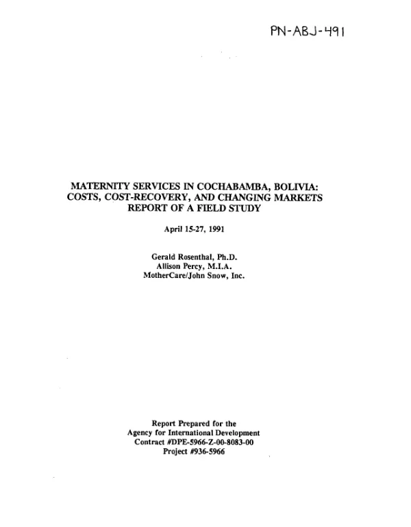 Maternity services in Cochabamba, Bolivia : costs, cost - recovery, and changing markets -- report of a field study