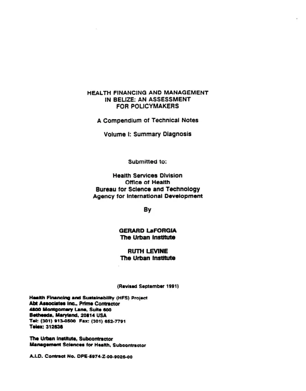 Health financing and management in Belize : an assessment for policymakers : a compendium of technical notes
