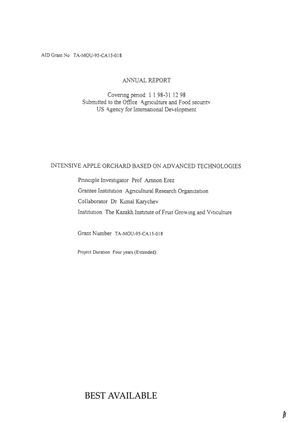 Annual report covering period 1.1.98-31.12.98 : intensive apple orchard based on advanced technologies