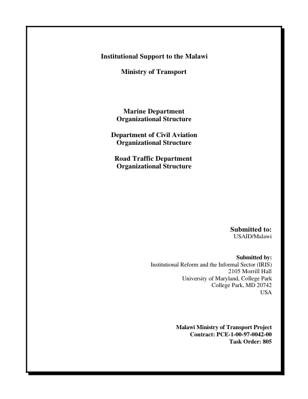 Institutional support to the Malawi Ministry of Transport : Marine Department, organizational structure -- Department of Civil Aviation, organizational structure : Road Traffic Department, organizational structure