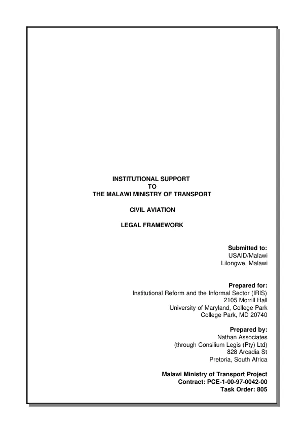 Institutional support to the Malawi Ministry of Transport : civil aviation -- legal framework